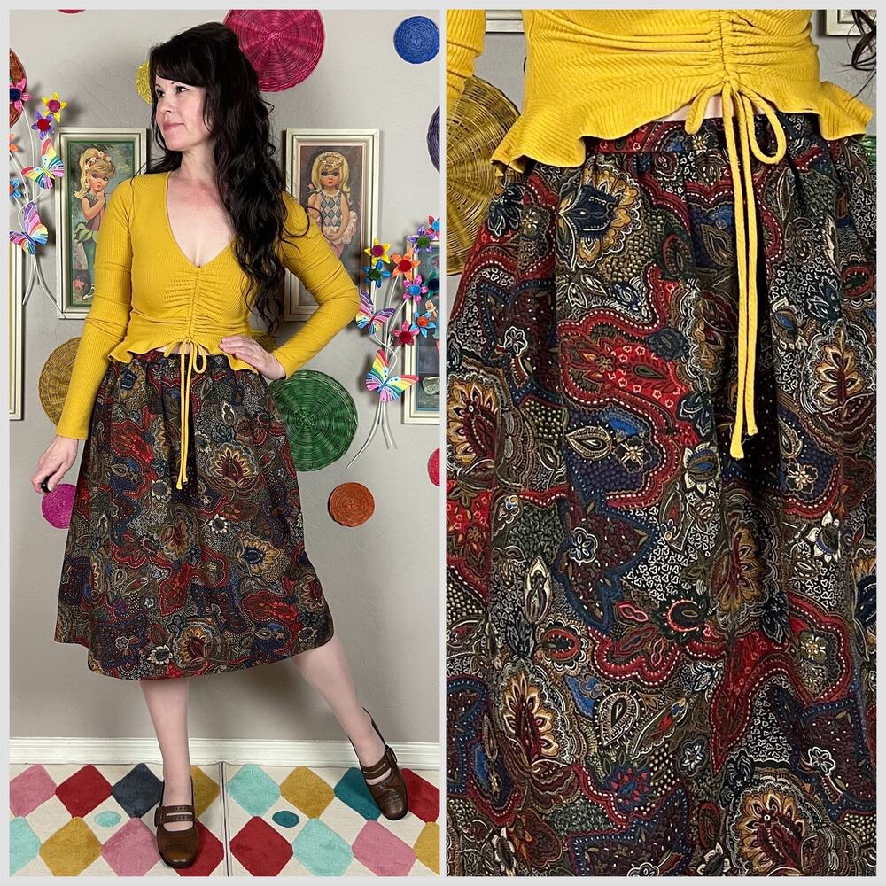 Vintage 1970s Paisley Print High Waisted A-Line Wool Skirt